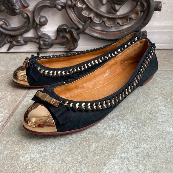 Jeffrey Campbell Black Leather Gold Toe Ballet Flats Size 9 - Picture 1 of 10